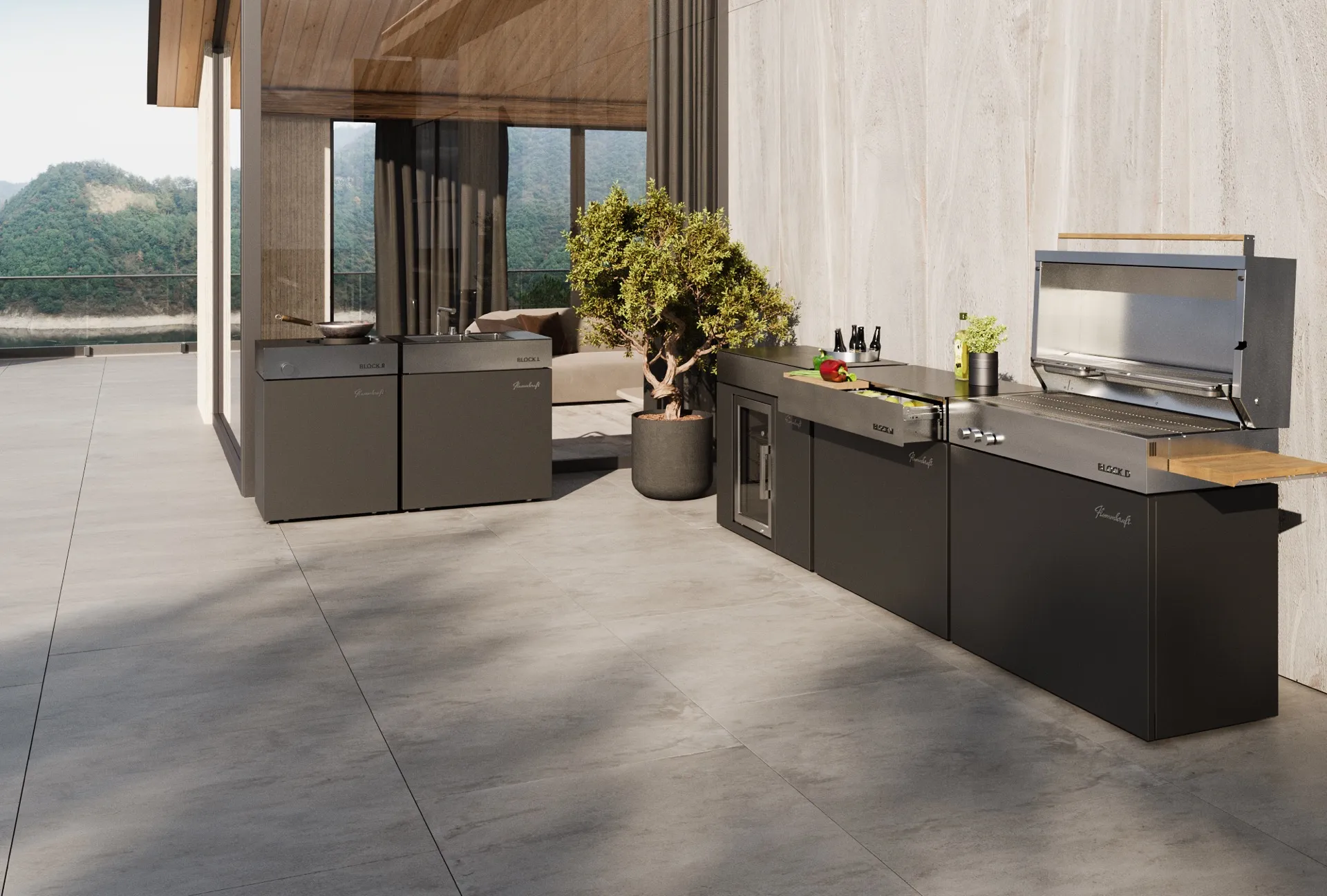 Outdoorküche mit Flammkraft Einbaugrill